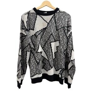 Vintage Adele Knitwear Abstract Geometric Sweater‎ Black White Grey USA S/M